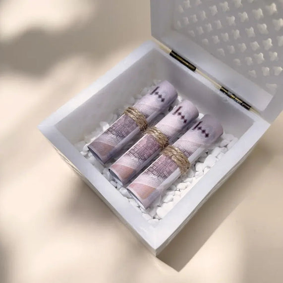 Cash Arrangement with White Marble Square Box Small Pastel Pink - Maska / Gifting Redefined