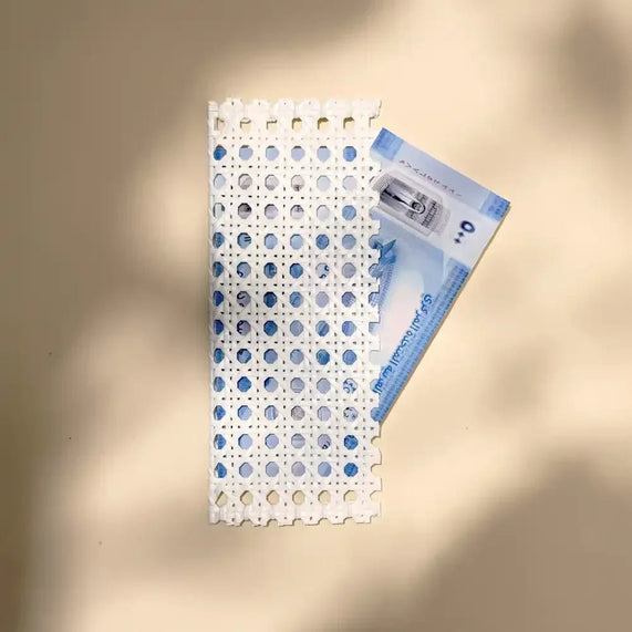 White Rattan Cash Pouch With Baby Blue Fabric wrap - Maska / Gifting Redefined