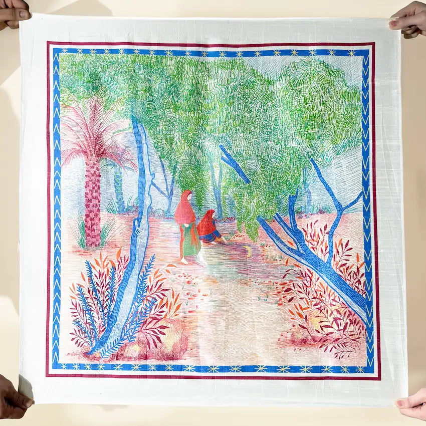 Sanctuary printed fabric wrap laid flat showing forest and palm tree artwork