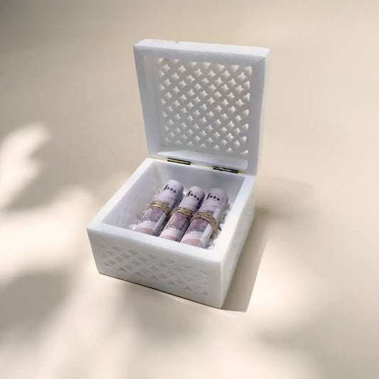 Cash Arrangement with White Marble Square Box Small Pastel Pink