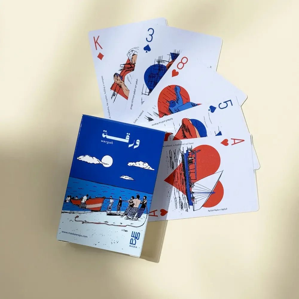 Wergah card deck box with fanned playing cards showing UAE heritage illustrations