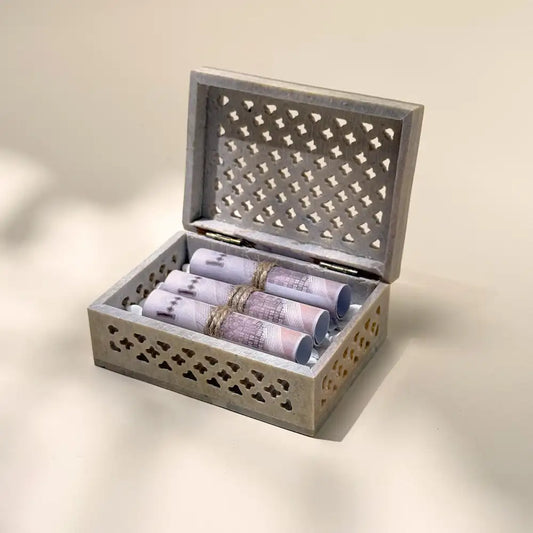 Cash  Arrangement With Carved Stone Green Off white
