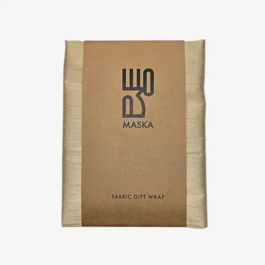Beige raw silk gift wrap folded with kraft paper band, Maska packaging