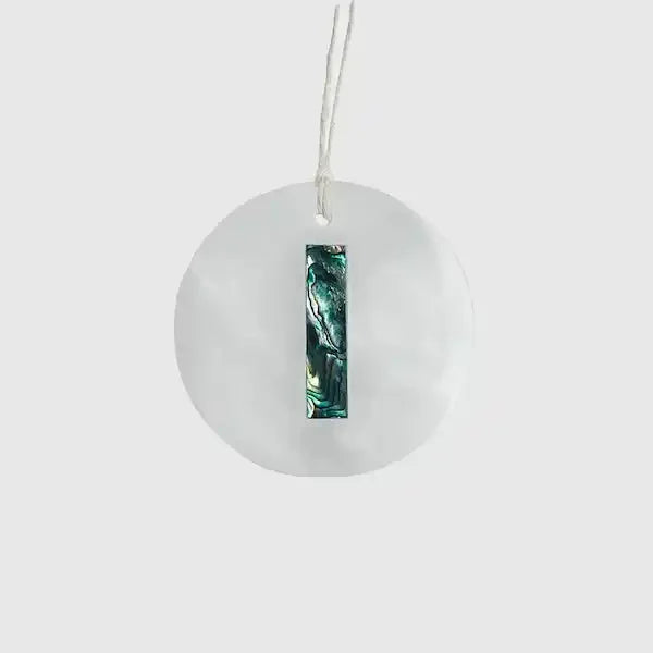 Round cosmic white marble trinket with abalone shell inlay on cord