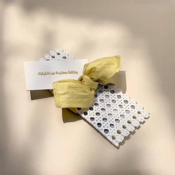 White Rattan Cash Pouch With Butter Yellow Fabric wrap - Maska / Gifting Redefined