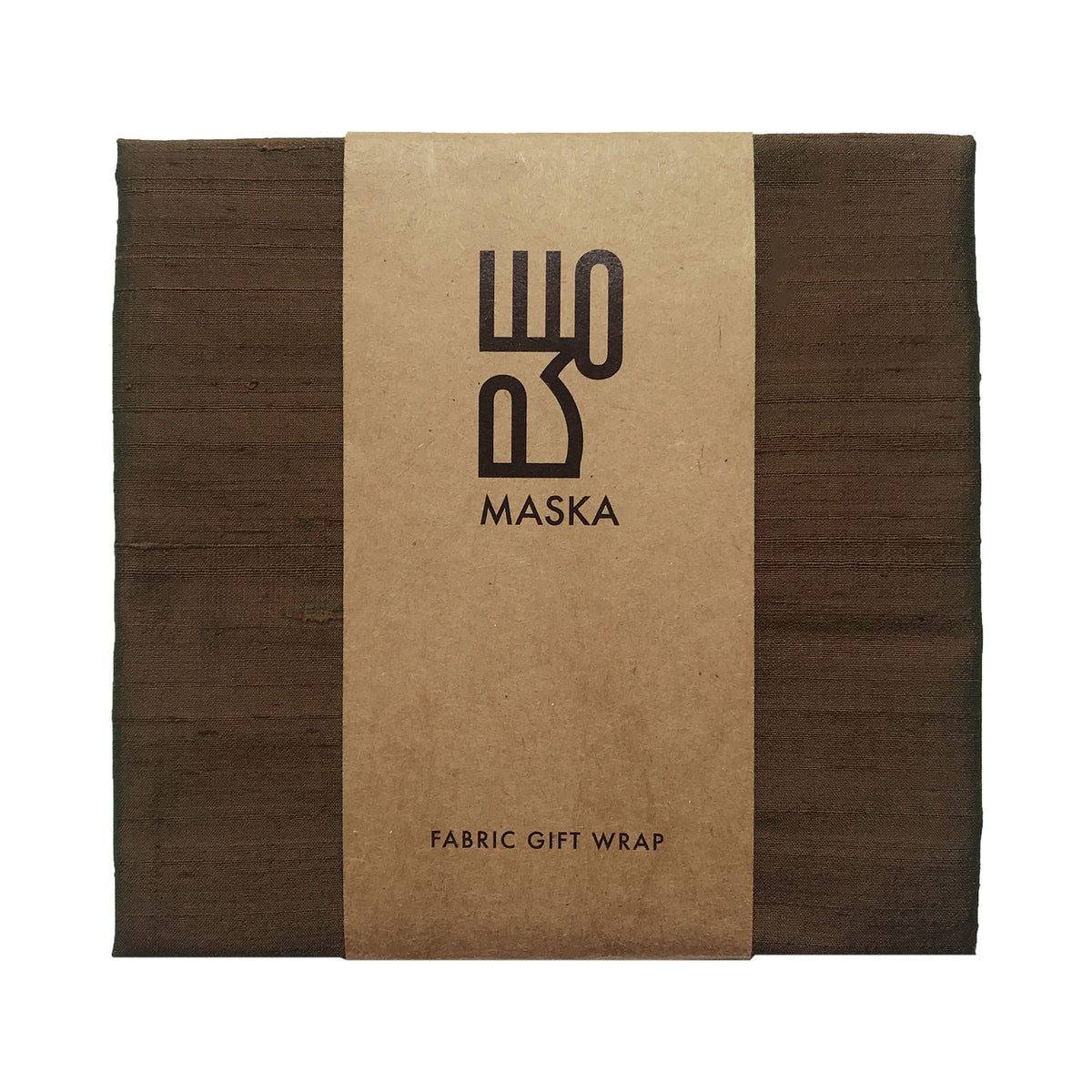 Dark bronze raw silk gift wrap folded with kraft paper band, front view