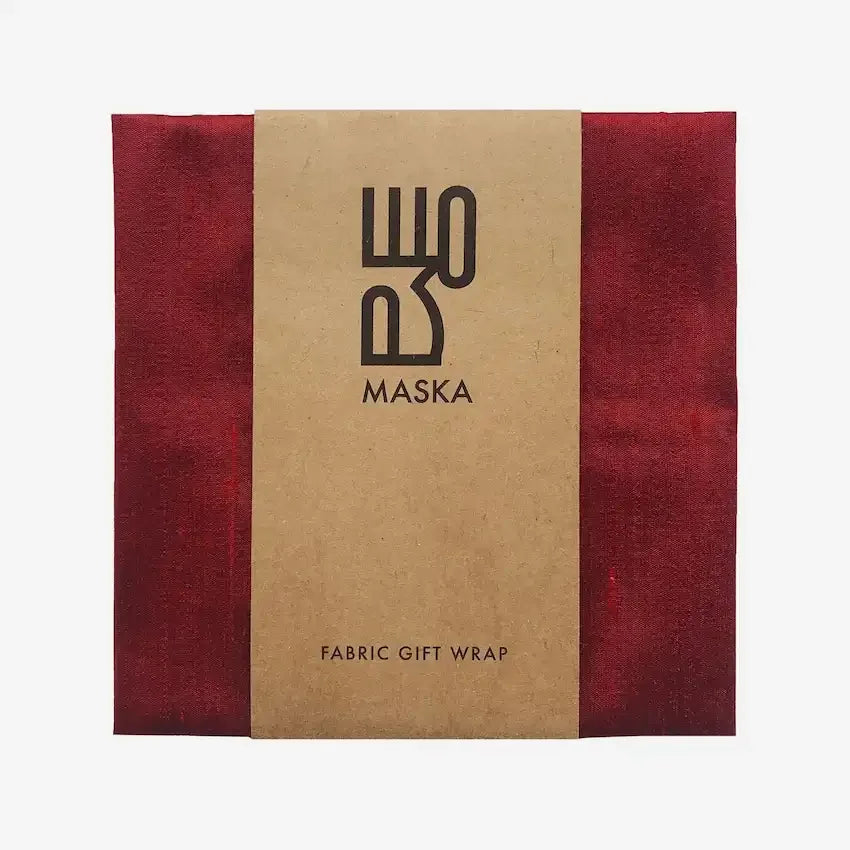 Dark red raw silk gift wrap folded square with kraft paper Maska band