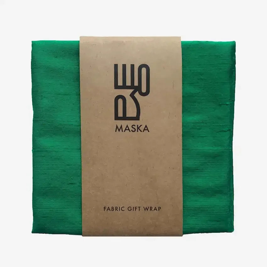 Emerald green raw silk gift wrap folded with kraft Maska belly band