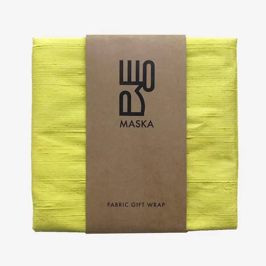 Yellow raw silk gift wrap folded with kraft paper Maska wrap band