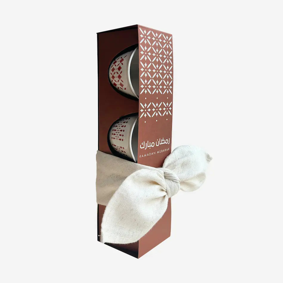 Terracotta gahwa cup box tied with cream fabric wrap, side angle