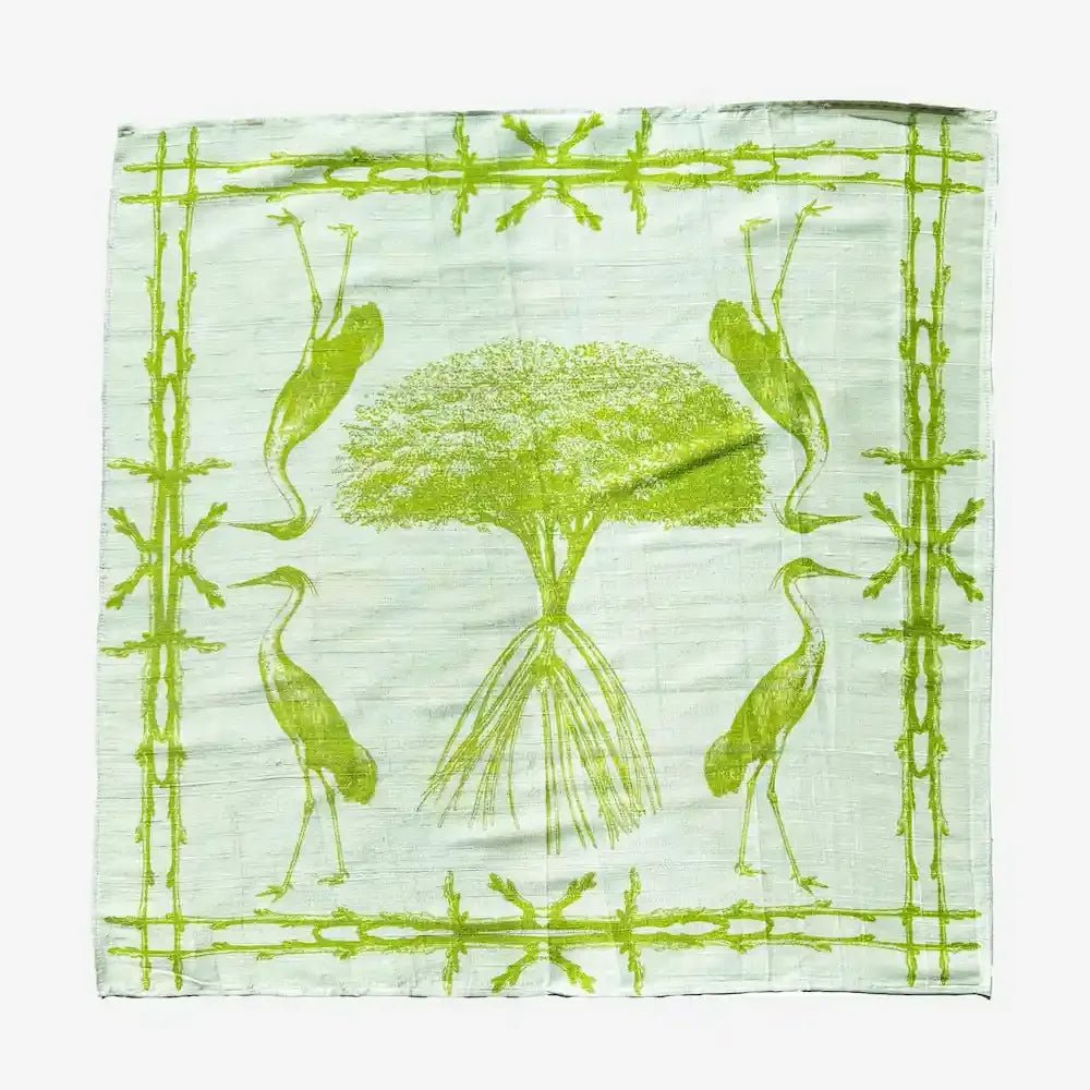 Lime raw silk gift wrap printed with mangrove tree and heron bird design