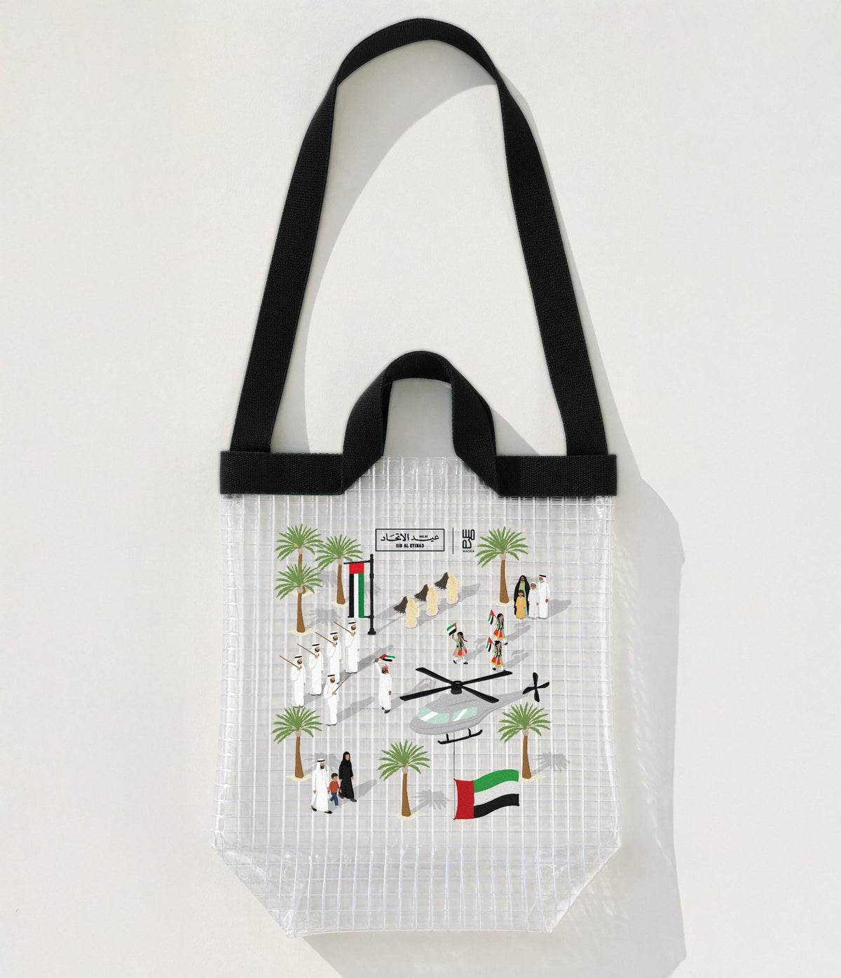 Eid Al Etihad clear tote bag with black handles