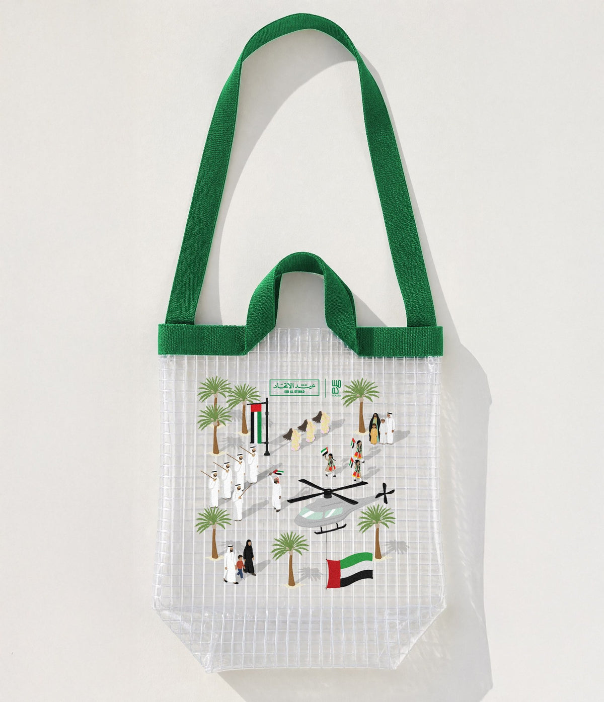Eid Al Etihad clear tote bag with green handles