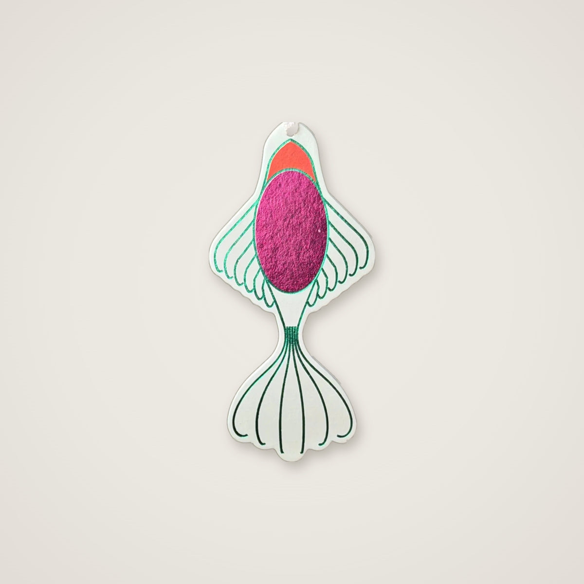 Maraj fish trinket with pink foil body and orange head on a white card - Maska