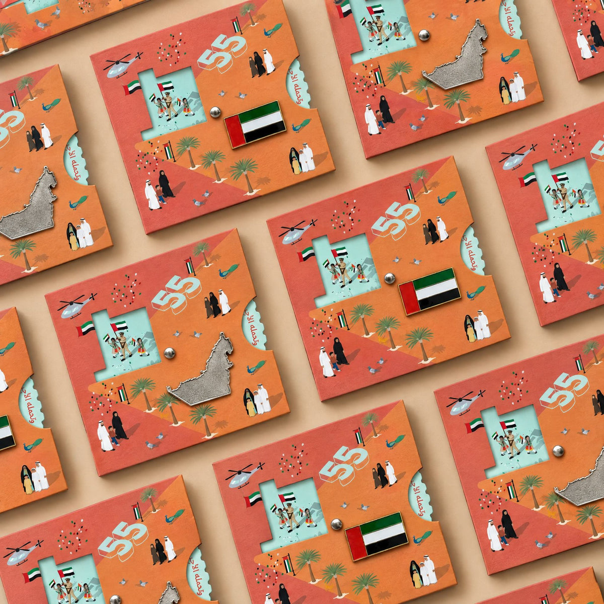 Rows of Eid Al Etihad 55 pin cards for corporate giveaways